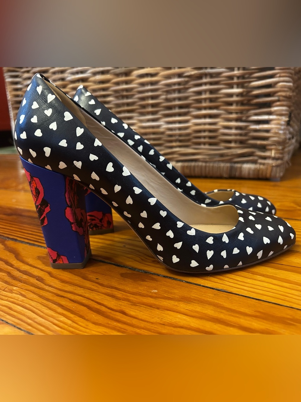 J. Crew Black Pumps with White Heart Print and Floral Block Heel